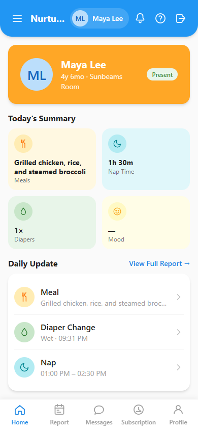 The Home screen for a child named Maya Lee, showing a Present attendance badge, four stat tiles, and a Daily Update activity feed.