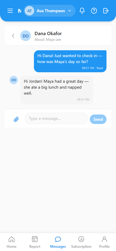 A message thread with a teacher, showing a question from the parent and the teacher's reply about the child's day.