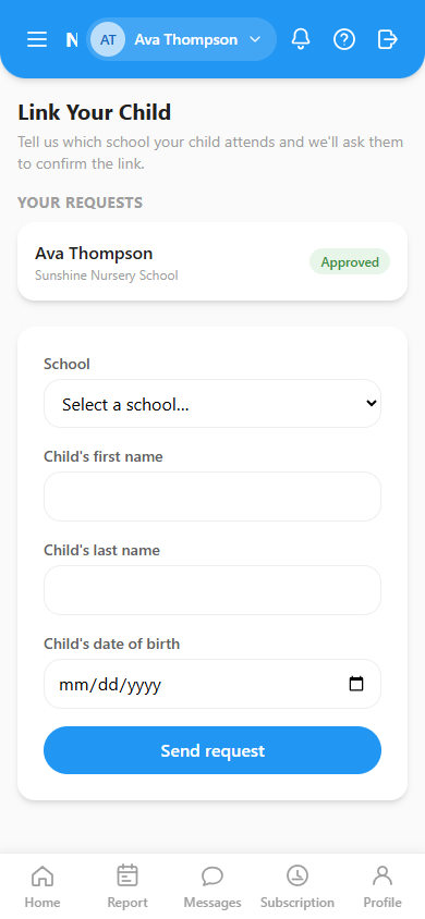 The Link Your Child page, showing an approved request for a child named Ava Thompson and the request form below it.