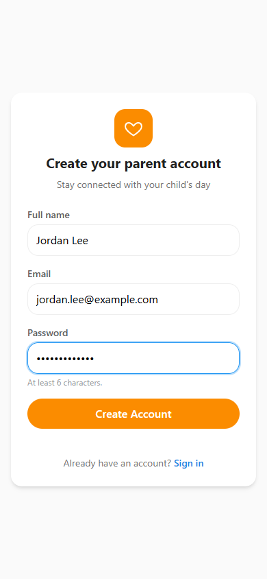 The parent sign-up page with name, email, and password fields.