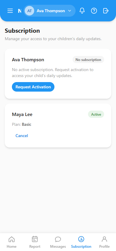 The Subscription page showing one child with an active plan and another awaiting activation.