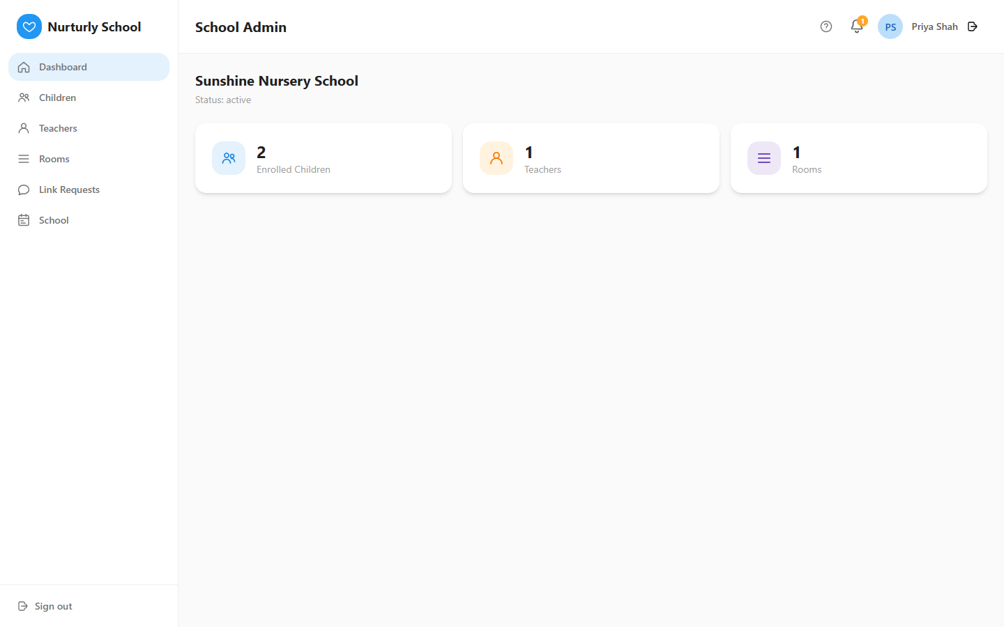 A school admin dashboard showing the school's name and stat cards for children, teachers, and rooms.