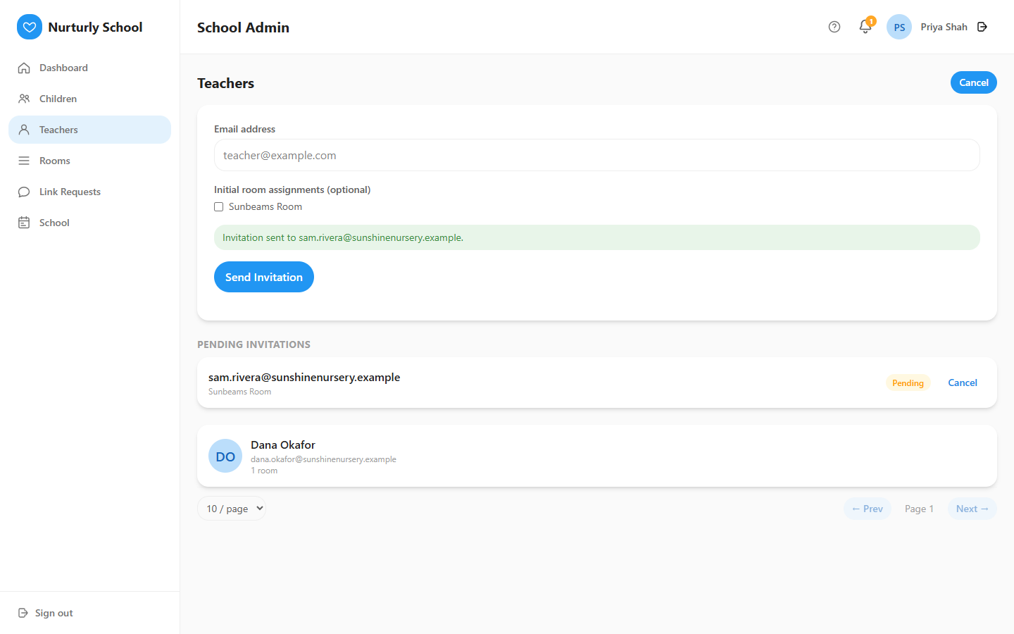 The Teachers page listing a teacher and a pending invitation sent to a prospective teacher.
