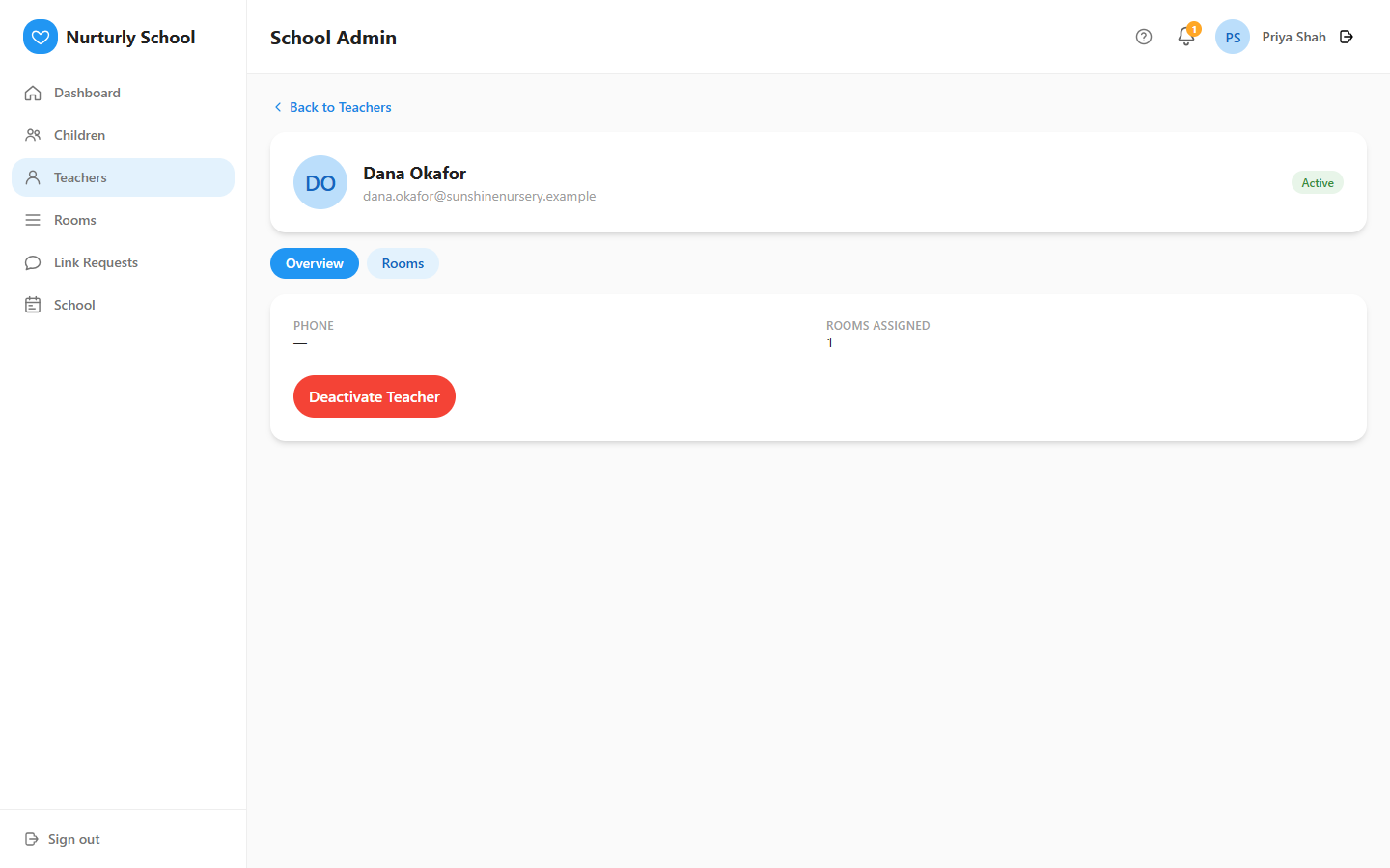 A teacher's detail page showing their overview information.
