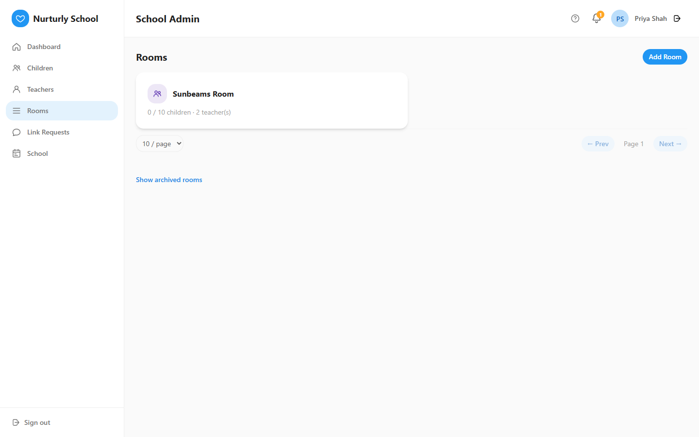 The Rooms page listing a classroom with its capacity and teacher count.