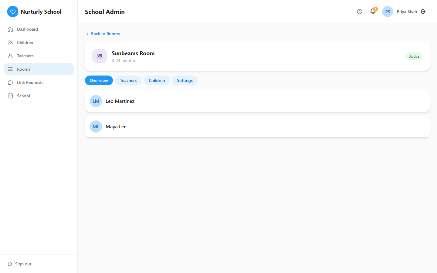 A room's detail page showing its Children tab with enrolled children.