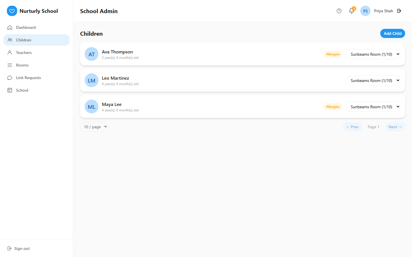The Children page listing enrolled children, one flagged with allergies.