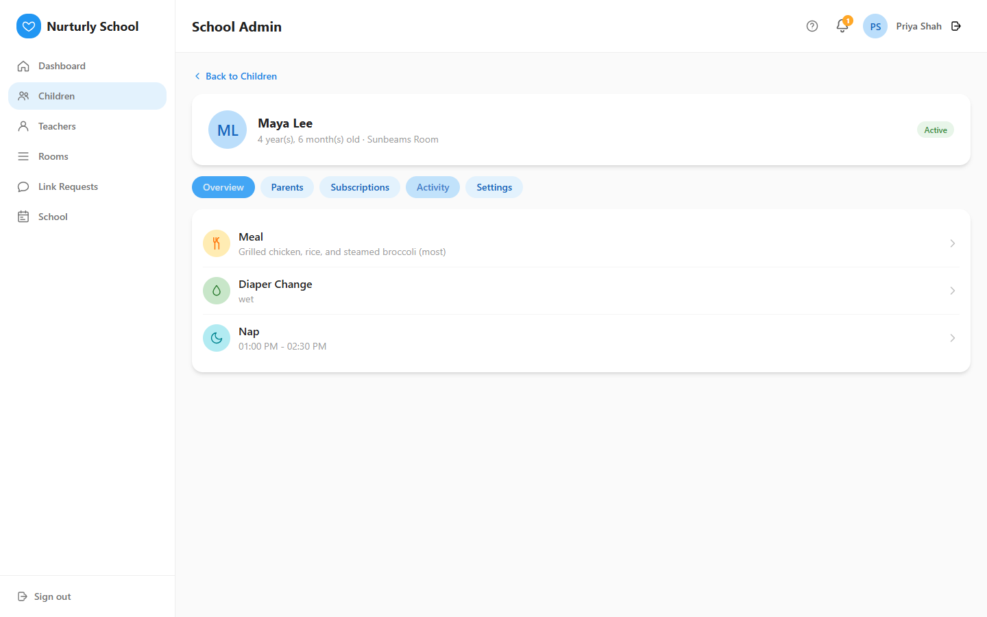 A child's Activity tab showing logged meal, nap, and diaper entries from their teacher.