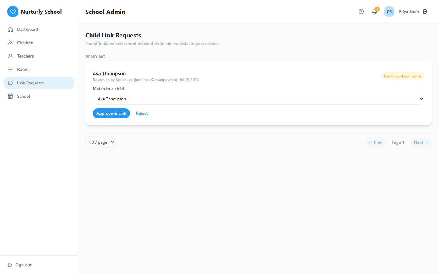 The Child Link Requests page with a pending request and a dropdown to match it to an enrolled child.