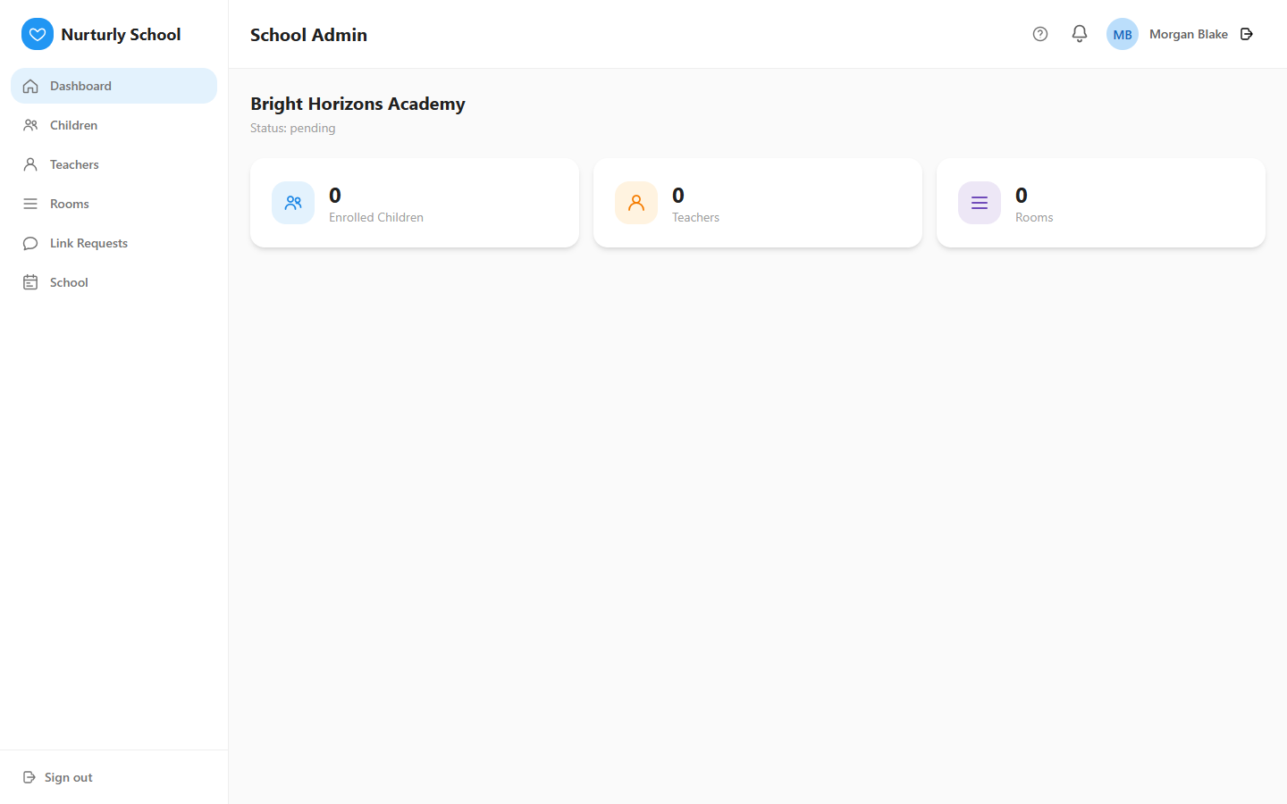 A newly registered school's dashboard showing "Pending" status.