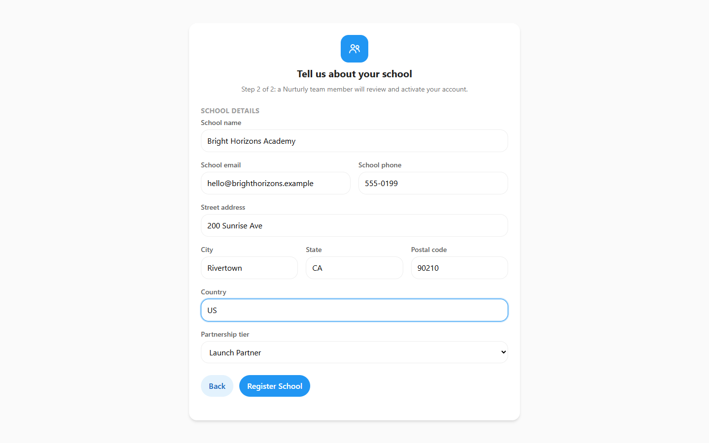 Step 2 of school registration: the school's name, contact info, and address.
