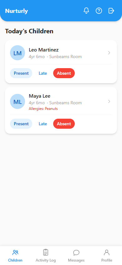 Today's Children list with two children and Present/Late/Absent attendance buttons.