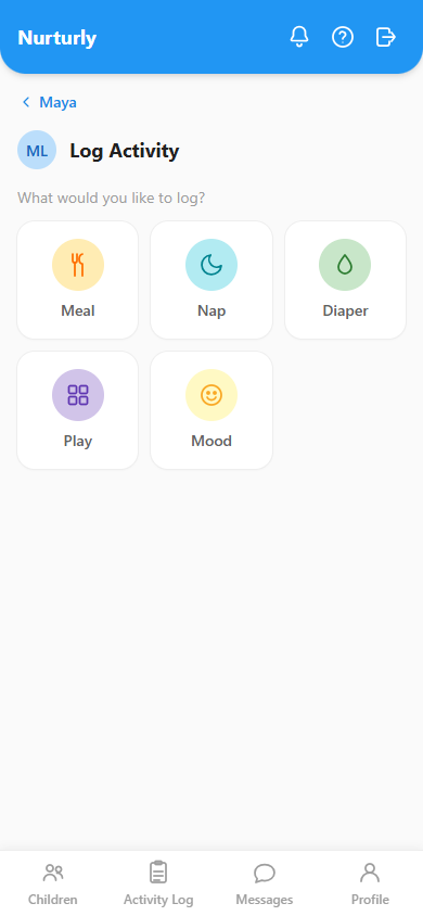 The activity type picker with five icons: Meal, Nap, Diaper, Play, Mood.