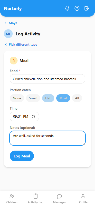 A meal form filled in with food, portion size, time, and notes.