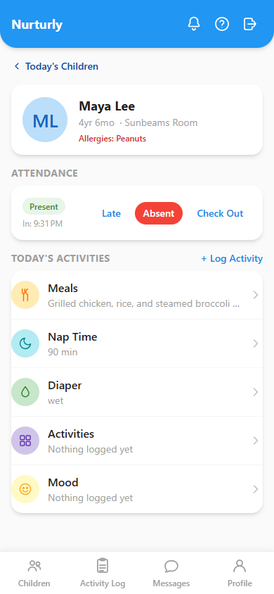 A child daily update page showing attendance and logged meal, nap, and diaper entries.