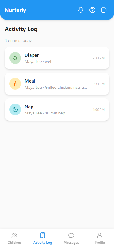 A chronological activity log listing meal, nap, and diaper entries for a child.