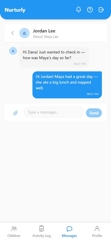 A message thread where a teacher replies to a parent's question about their child's day.