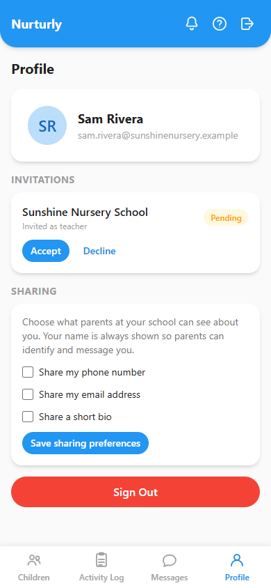 The Profile page showing a pending school invitation with Accept and Decline buttons.