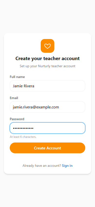 The teacher sign-up page with name, email, and password fields.